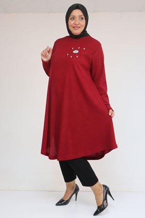 58117 Büyük Beden Taş Detaylı Mevlana Mir Tunik - Bordo