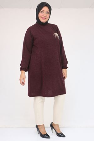 58114 Büyük Beden Kolları Lastikli Cebi Püskül Detaylı Mir Tunik - Mürdüm