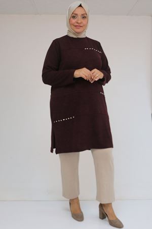 58113 Büyük Beden Dikme Taş Detaylı Çımalı Mir Tunik - Mürdüm