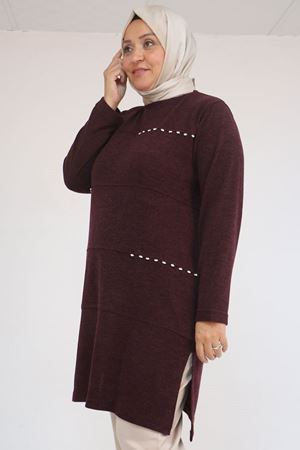 58113 Büyük Beden Dikme Taş Detaylı Çımalı Mir Tunik - Mürdüm