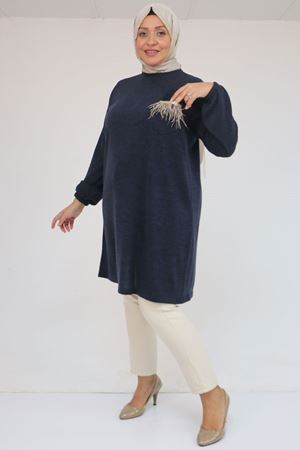 58114 Büyük Beden Kolları Lastikli Cebi Püskül Detaylı Mir Tunik - Lacivert
