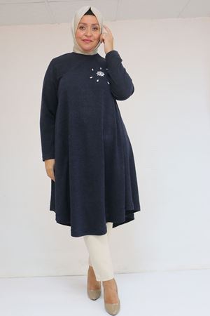 58117 Büyük Beden Taş Detaylı Mevlana Mir Tunik - Lacivert