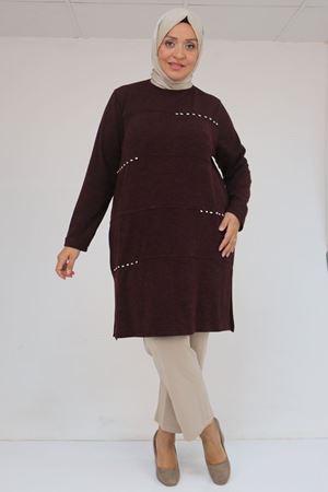 58113 Büyük Beden Dikme Taş Detaylı Çımalı Mir Tunik - Mürdüm