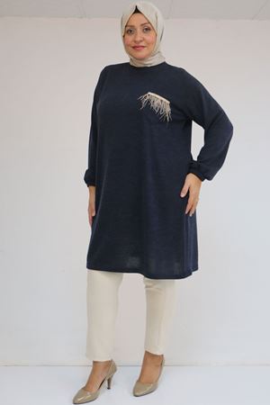 58114 Büyük Beden Kolları Lastikli Cebi Püskül Detaylı Mir Tunik - Lacivert