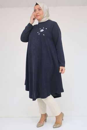 58117 Büyük Beden Taş Detaylı Mevlana Mir Tunik - Lacivert