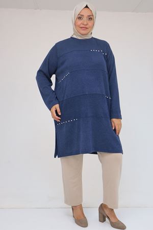 58113 Büyük Beden Dikme Taş Detaylı Çımalı Mir Tunik - İndigo