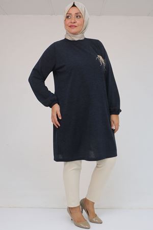 58114 Büyük Beden Kolları Lastikli Cebi Püskül Detaylı Mir Tunik - Lacivert