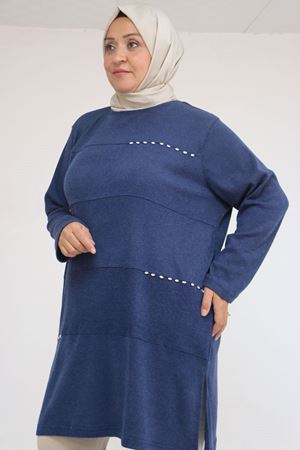 58113 Büyük Beden Dikme Taş Detaylı Çımalı Mir Tunik - İndigo