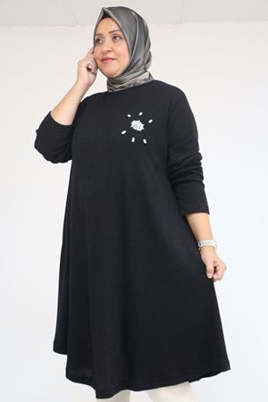 58117 Büyük Beden Taş Detaylı Mevlana Mir Tunik - Siyah