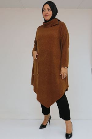 58100 Büyük Beden Yakkasında Fermuar Detaylı Mir Tunik - Taba