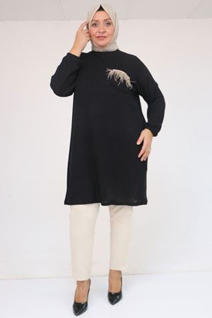 58114 Büyük Beden Kolları Lastikli Cebi Püskül Detaylı Mir Tunik - Siyah