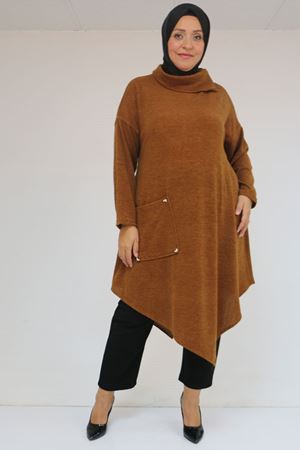 58100 Büyük Beden Yakkasında Fermuar Detaylı Mir Tunik - Taba