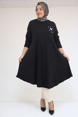 58117 Büyük Beden Taş Detaylı Mevlana Mir Tunik - Siyah