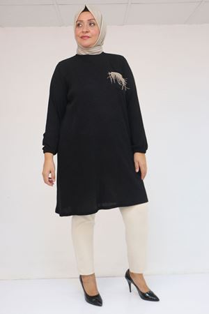 58114 Büyük Beden Kolları Lastikli Cebi Püskül Detaylı Mir Tunik - Siyah