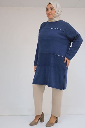 58113 Büyük Beden Dikme Taş Detaylı Çımalı Mir Tunik - İndigo