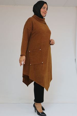 58100 Büyük Beden Yakkasında Fermuar Detaylı Mir Tunik - Taba