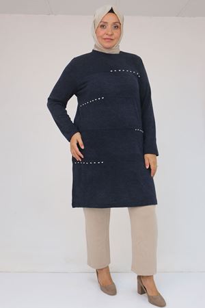 58113 Büyük Beden Dikme Taş Detaylı Çımalı Mir Tunik - Lacivert