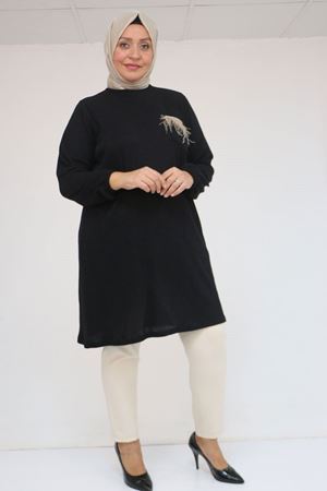 58114 Büyük Beden Kolları Lastikli Cebi Püskül Detaylı Mir Tunik - Siyah
