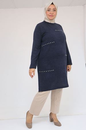 58113 Büyük Beden Dikme Taş Detaylı Çımalı Mir Tunik - Lacivert