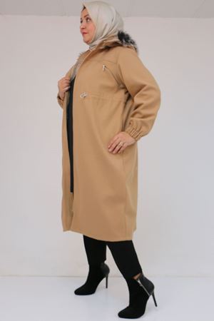 43087 Büyük Beden Kolları Lastikli Kapşonlu Kaşe Kaban - Taba