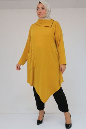 58100 Büyük Beden Yakkasında Fermuar Detaylı Mir Tunik - Hardal