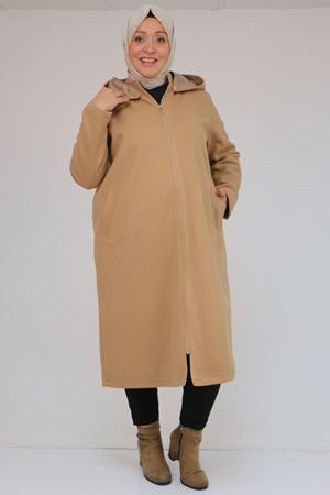 53033 Büyük Beden Kapşonlu Boydan Fermuarlı Kaşe Kaban - Taba