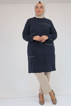 58113 Büyük Beden Dikme Taş Detaylı Çımalı Mir Tunik - Lacivert