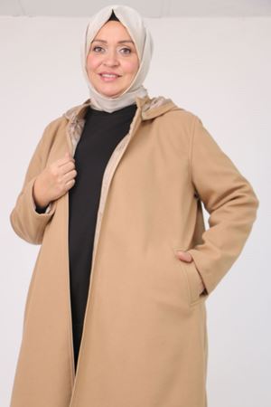 53033 Büyük Beden Kapşonlu Boydan Fermuarlı Kaşe Kaban - Taba