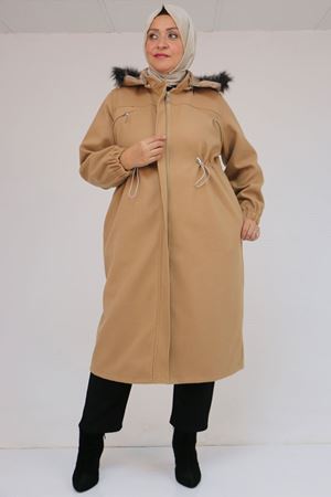 43087 Büyük Beden Kolları Lastikli Kapşonlu Kaşe Kaban - Taba