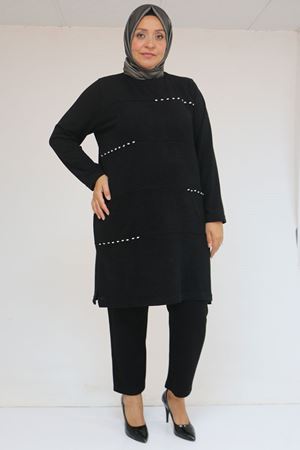 58113 Büyük Beden Dikme Taş Detaylı Çımalı Mir Tunik - Siyah