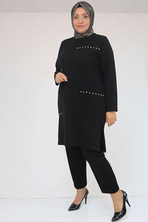 58113 Büyük Beden Dikme Taş Detaylı Çımalı Mir Tunik - Siyah