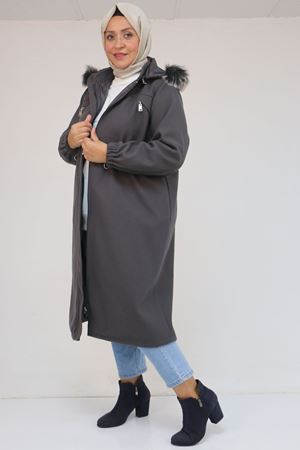 43087 Büyük Beden Kolları Lastikli Kapşonlu Kaşe Kaban - Antrasit