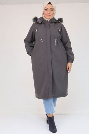 43087 Büyük Beden Kolları Lastikli Kapşonlu Kaşe Kaban - Antrasit