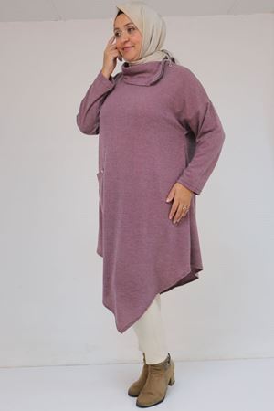 58100 Büyük Beden Yakkasında Fermuar Detaylı Mir Tunik - Gül Kurusu