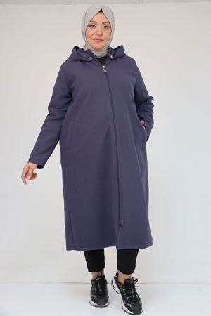 53033 Büyük Beden Kapşonlu Boydan Fermuarlı Kaşe Kaban - Lacivert