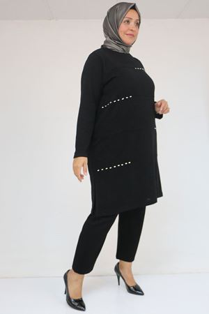 58113 Büyük Beden Dikme Taş Detaylı Çımalı Mir Tunik - Siyah