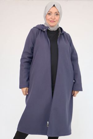 53033 Büyük Beden Kapşonlu Boydan Fermuarlı Kaşe Kaban - Lacivert