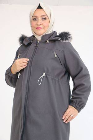 43087 Büyük Beden Kolları Lastikli Kapşonlu Kaşe Kaban - Antrasit