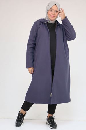 53033 Büyük Beden Kapşonlu Boydan Fermuarlı Kaşe Kaban - Lacivert