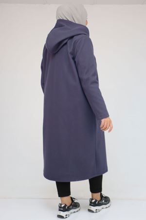 53033 Büyük Beden Kapşonlu Boydan Fermuarlı Kaşe Kaban - Lacivert