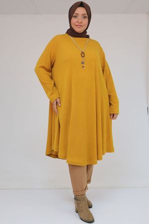 58108 Büyük Beden Mevlana Kesim Mir Tunik - Hardal
