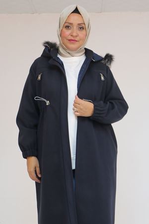 43087 Büyük Beden Kolları Lastikli Kapşonlu Kaşe Kaban - Lacivert