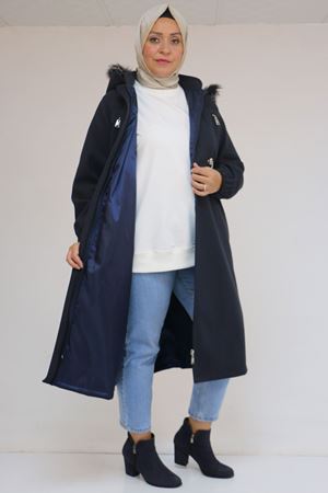 43087 Büyük Beden Kolları Lastikli Kapşonlu Kaşe Kaban - Lacivert
