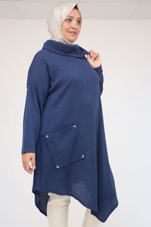 58100 Büyük Beden Yakkasında Fermuar Detaylı Mir Tunik - İndigo
