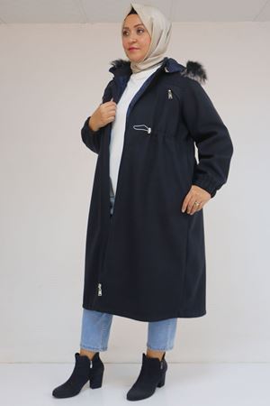 43087 Büyük Beden Kolları Lastikli Kapşonlu Kaşe Kaban - Lacivert