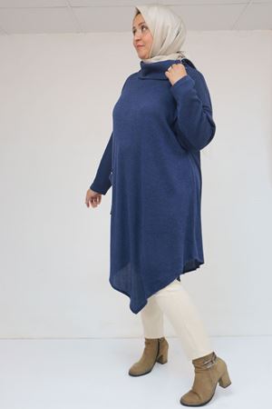 58100 Büyük Beden Yakkasında Fermuar Detaylı Mir Tunik - İndigo