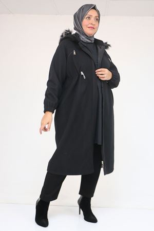 43087 Büyük Beden Kolları Lastikli Kapşonlu Kaşe Kaban - Siyah