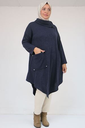 58100 Büyük Beden Yakkasında Fermuar Detaylı Mir Tunik - Lacivert
