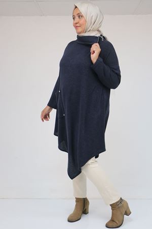 58100 Büyük Beden Yakkasında Fermuar Detaylı Mir Tunik - Lacivert
