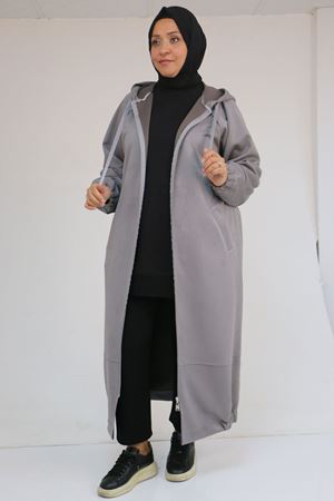 43078 Büyük Beden Kolları Lastikli Pat Detaylı Nubuk Kap - Gri